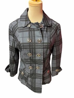 Maurices Gray Plaid Double Breasted Peacoat Jacket Cropped Sleeve Size L